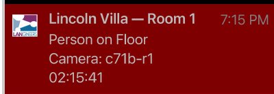 Fall alert as it appears in the LANgineers staff app: Lincoln Villa Room 1, Person on Floor
